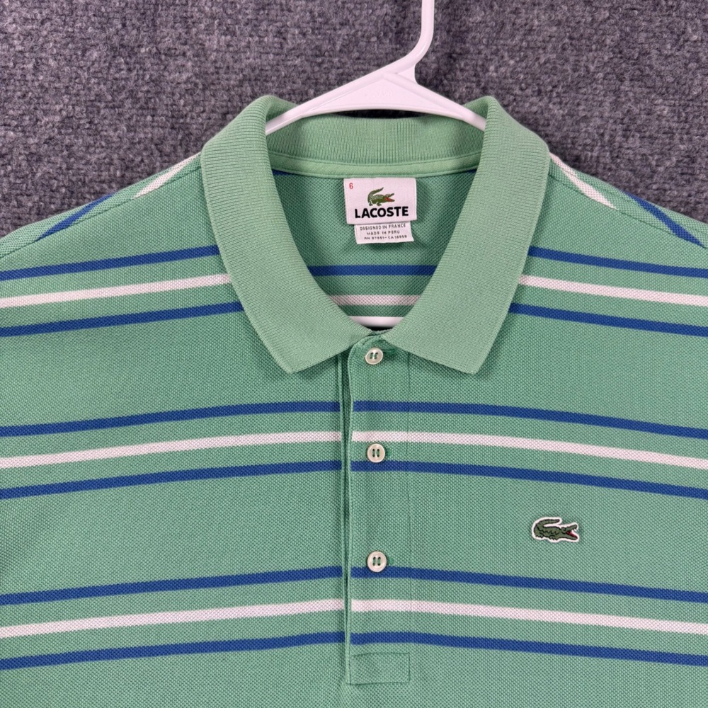 Lacoste Striped Polo Shirt Mens Size 6 XL Green Blue White Cotton Pique Vintage